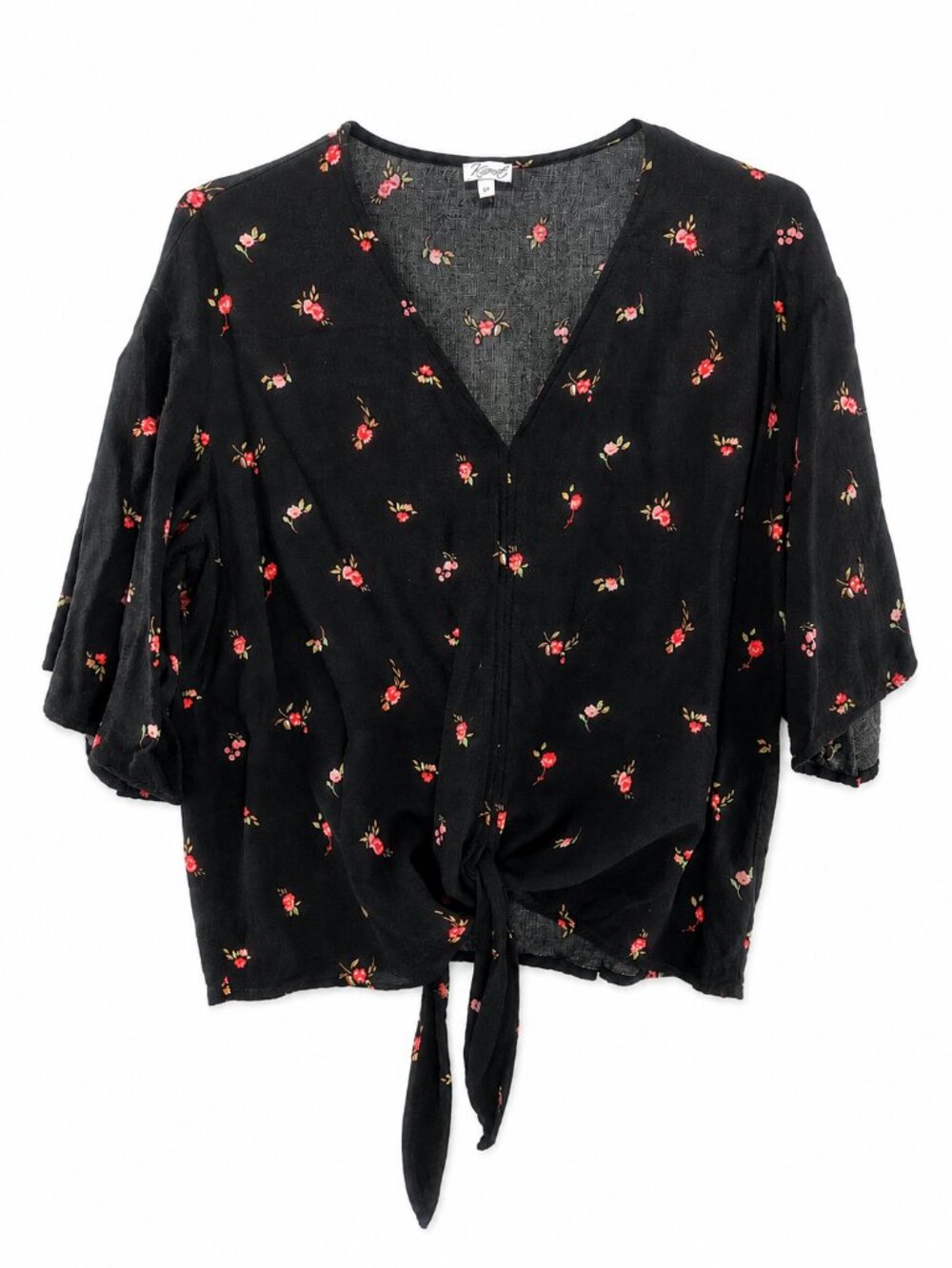 Kismet, Tie-Front Blouse, Black Floral Print, Loose Fit Size Small